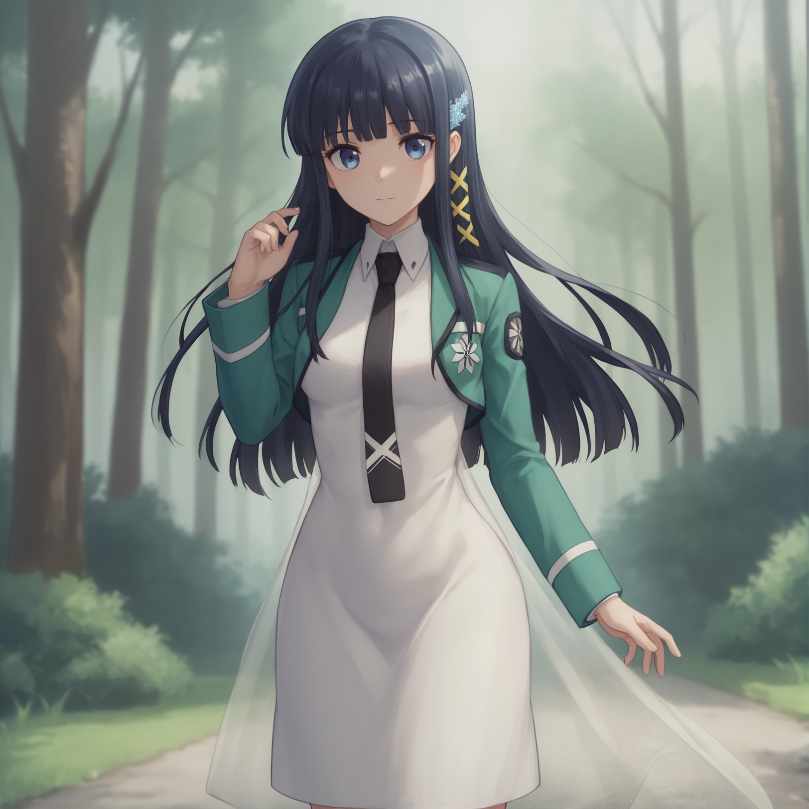 score_9,score_8_up,score_7_up,score_6_up,score_5_up,source anime BREAK
1girl, solo, shiba miyuki, black hair, blue eyes, first high school uniform, long hair, hair ornament, blunt bangs, white dress, black necktie,
forest, outdoors, cowboy shot, looking at viewer,
 <lora:ShibaMiyuki-000007_compressed:0.9>