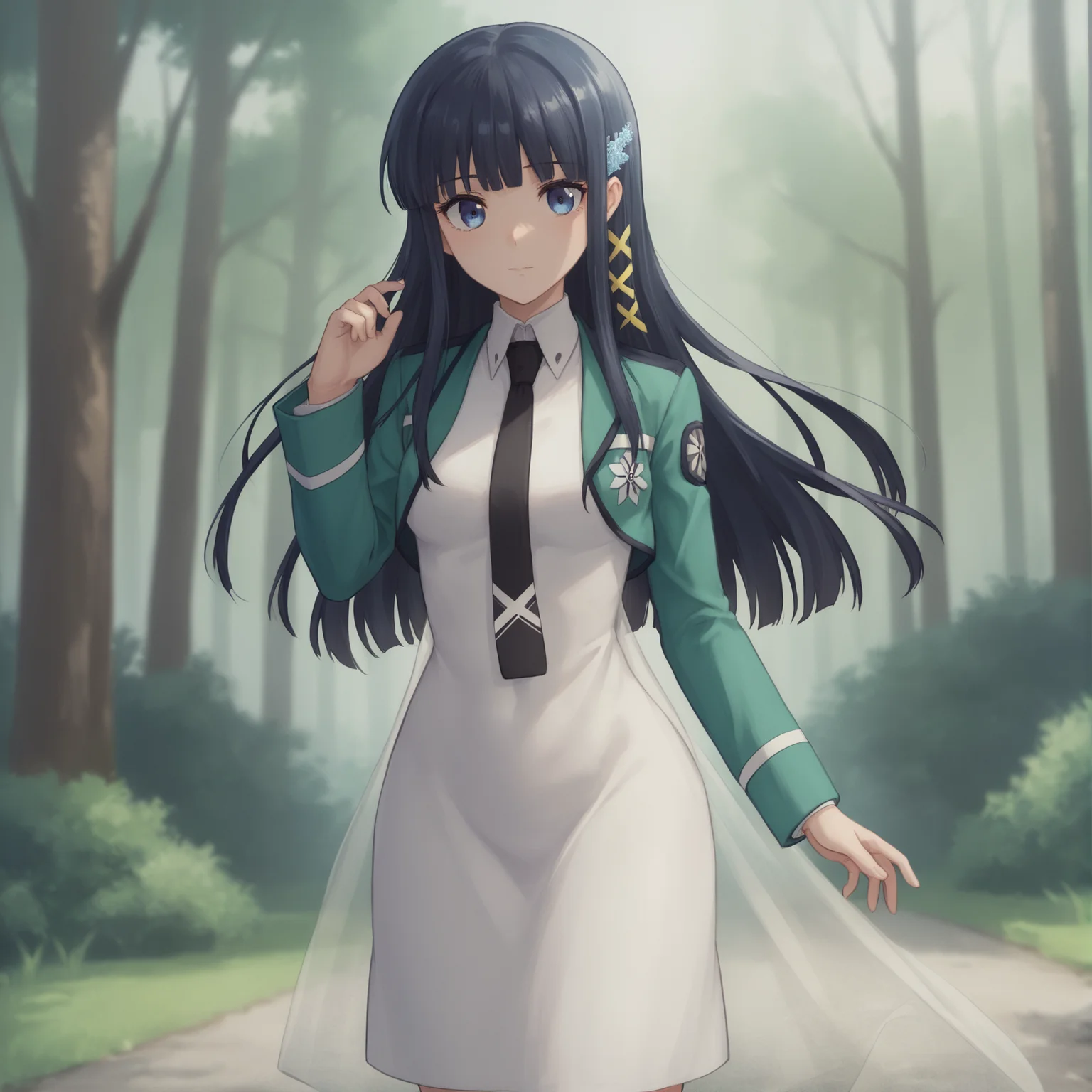 score_9,score_8_up,score_7_up,score_6_up,score_5_up,source anime BREAK
1girl, solo, shiba miyuki, black hair, blue eyes, first high school uniform, long hair, hair ornament, blunt bangs, white dress, black necktie,
forest, outdoors, cowboy shot, looking at viewer,
<lora:ShibaMiyuki-000007_compressed:0.9>