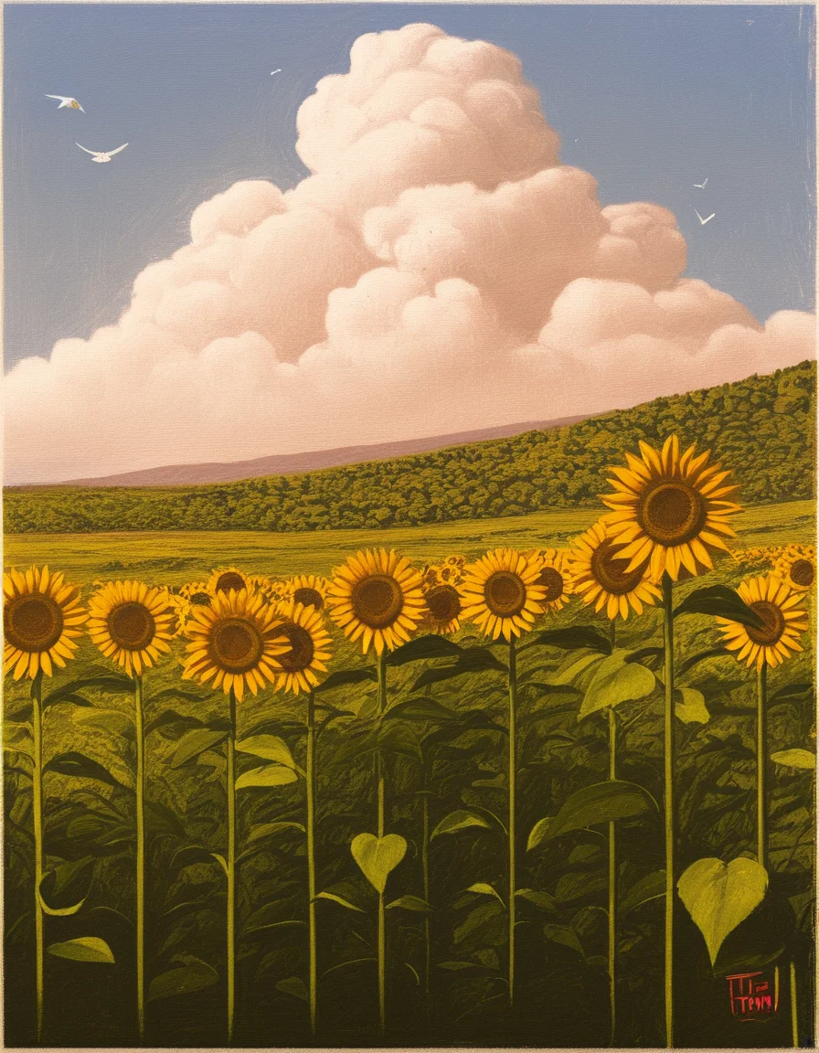 no-humans, sunflower, scenery, clouds, birds, by thoma, masterpiece, best quality, absurdres, highres, anime, high-contrast, colorful