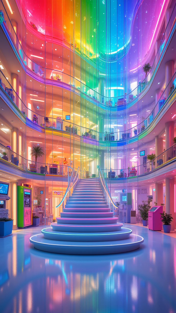 designed by Pixar, octane render, A grand staircase made of glass reflects the colors of the surrounding building, casting long a rainbow that illuminates in every stroke. Above and out is an inner-looking laboratory filled with colorful appliances that pulse as technology advances around it with ease and energy, as the interior transforms into life. This extraordinary work of art comes to life through the soft, pastelescent lighting inside of an ancient Dastorted Farm in London Harbor, New York Bay, transforming this unique architectural wonder. shallow depth of field, Decora, short lighting, Film Washi     , aidmaMJ6.1