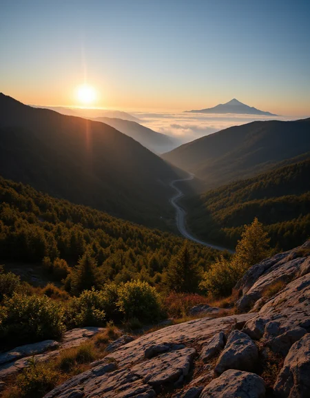 A breathtaking landscape showcasing a vibrant sunrise over rolling hills and dense forests. The foreground features rugged rock formations with patches of foliage, while the background reveals mist gently enveloping the lush valley below. Soft golden hues illuminate the sky, transitioning into deep blues, creating a serene atmosphere. The scene is infused with a sense of tranquility, enhanced by the subtle contrast between the warm light and the cool shadows. The composition emphasizes depth by leading the viewerâs eye through the winding road that cuts through the landscape, inviting exploration. Natureâs palette complements the calming mood, capturing the essence of early morning in a picturesque environment. <lora:aidmaFLUXPro1.1-FLUX-v0.3:1>
