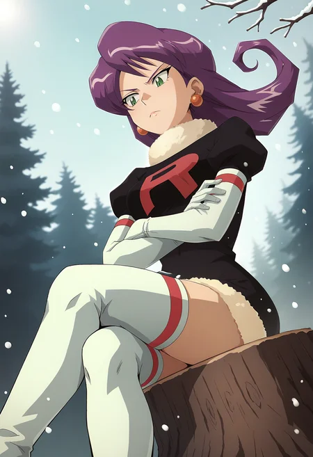 score_9, score_8_up, score_7_up, score_6_up, <lora:PMMiyamoto:0.8>, PMMiyamoto, floating hair, purple hair, bangs, green eyes, orange earrings, aged up,
team rocket, black dress, puffy sleeves, elbow gloves, white gloves, white thighhighs, thigh boots, fur trim,
looking away, sitting on tree stump, crossed legs, crossed arms, serious, from below, 
BREAK winter, forest, dusk, snowing,