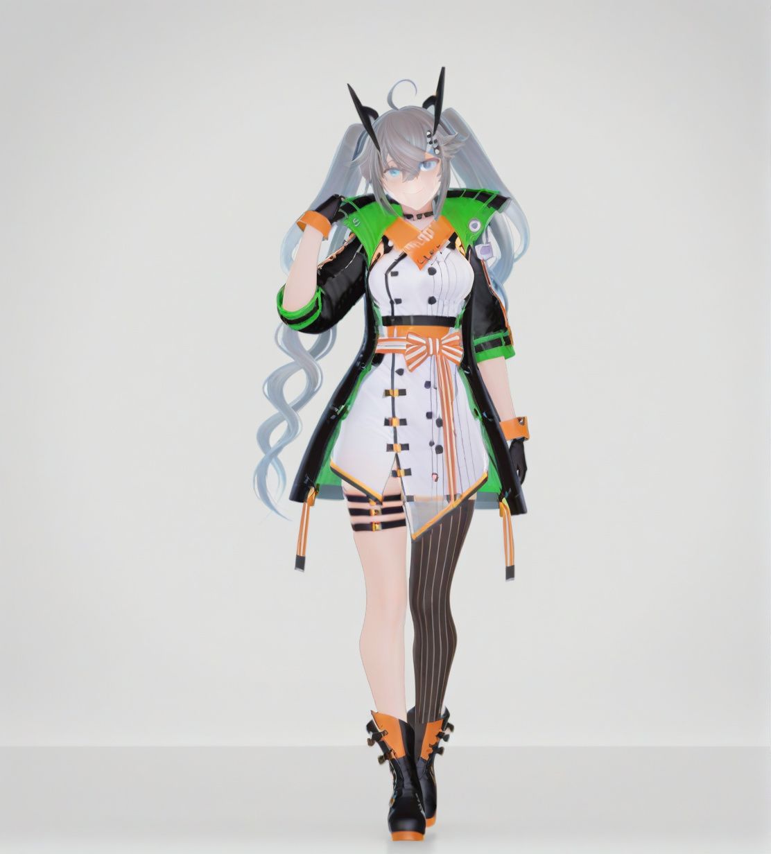 <lora:ã¯ãªãªãã£ã¢Kuoritia:1>,1girl, 
ã¯ãªãªãã£ã¢(Kuoritia),grey hair, twintails, ahoge,crossed bangs,hair between eyes,blue eyes,
hair ornament,headgear,
sleeveless dress,
jacket,black gloves,
single thighhigh,thigh strap,
black boots,
 hand up, looking at viewer, obi, smile, solo, standing, straight-on, striped, tachi-e, vertical stripes, 
very awa, masterpiece, best quality, highres, absurdes,amazing quality,very aesthetic,intricate details, <lora:hand 5.5:1>