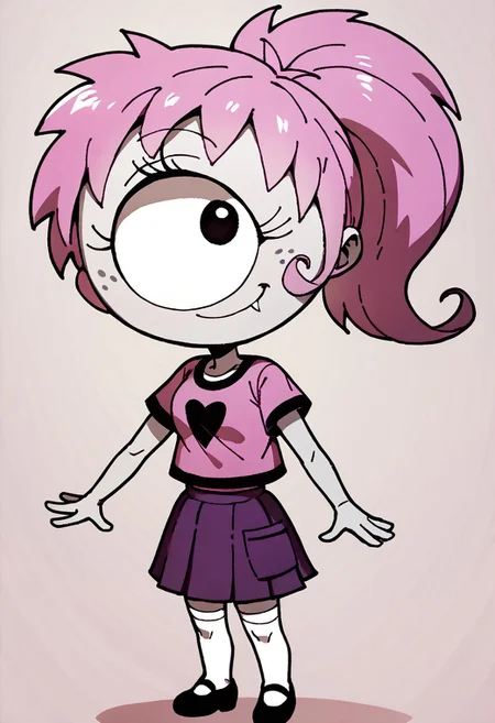 score_9, score_8_up, score_7_up BREAK SimoneP, 1girl, pink hair, ponytail, black eye, one-eyed, cyclops, freckles, fangs, short-sleeve pink shirt, pleated purple skirt, white stockings, black shoes, smiling at viewer, full body,