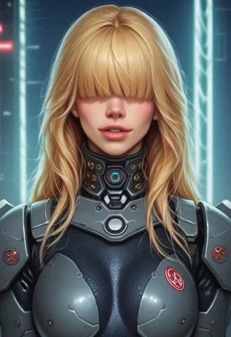 1girl, ((front view))), looking at viewer, highly detailed, from front, 1girl, skinny, looking at viewer, masterpiece, best quality,
raw, extremely detailed, hyperrealism, photo, perfect anatomy, <lora:grewishka_alita_pxl:1> source_photo, source_real, robot, cyborg, android, solo, looking at viewer, 1girl, full body, ((special force camo armor)), high heels, neon_lights, dynamic pose, pistols in hands
BREAK
fang smile, looking at viewer, long hair, ((blonde highlighting hair)), (((hair over eyes, front bangs))), long hair, dynamic pose
best quality, depth of field, bokeh, (((full clothed))), ((special force camo armor)),
BREAK
((((big futuristic gun in hands)))), (big futuristic pistol in hands:1.3), sc-fi soldier, dynamic pose, military camo armor
(((((rooftop, night city, neon lights))))) score_9, score_8_up, score_7_up, score_6_up, source_cartoon, rating_explicit, Expressiveh, (((((upper body))))), dynamic pose