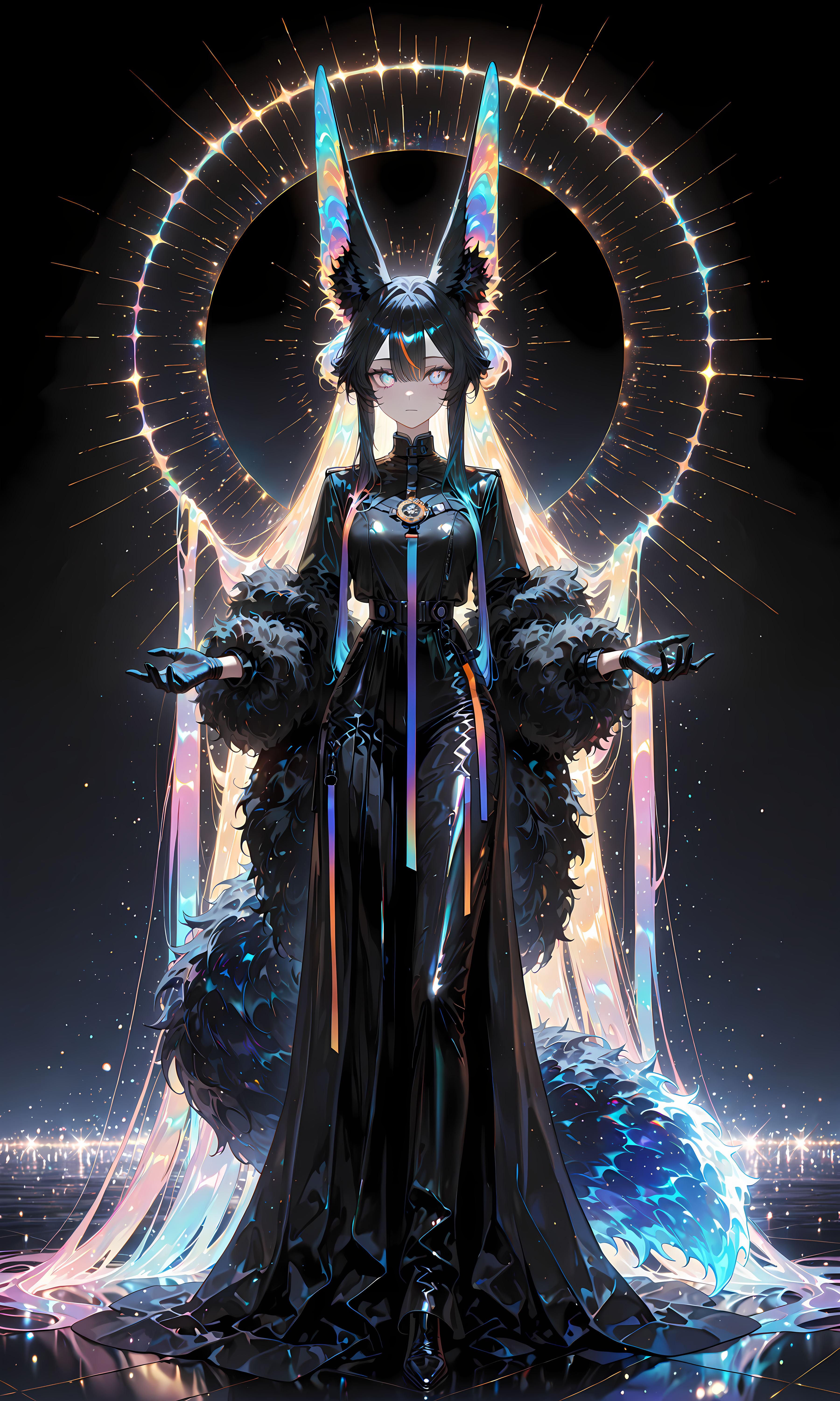 masterpiece, best quality, amazing quality, very aesthetic, absurdres,  newest, volumetric lighting, detailed, detailed background, 1girl, black long dress, gloves, holographic colors, gradient colors, multicolored hair, shiny, long animal ears, fluffy tail, masterpiece, best quality, amazing quality, very aesthetic, absurdres,  newest, volumetric lighting,
