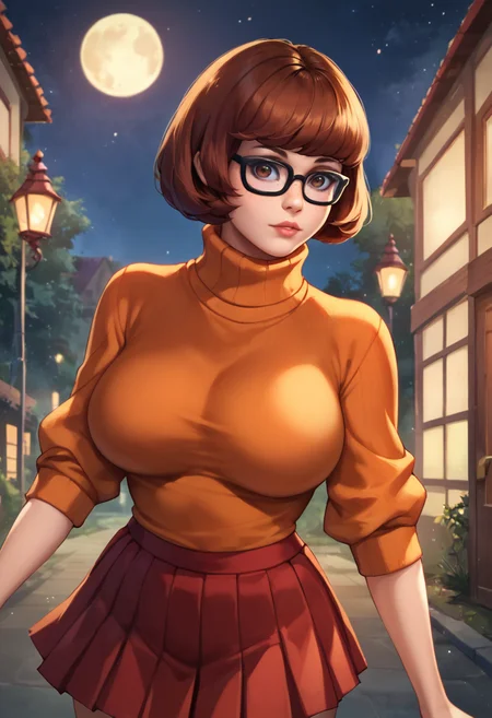 masterpiece,best quality, highly detailed, score_9, score_8_up, score_7_up, score_6_up,source anime,<lora:xl_more_art-full_v1:0.8>,
BREAK
<lora:VelmaXL:0.8>velma, 1girl, skirt, sweater, breasts, glasses, large breasts, orange sweater, short hair, turtleneck, brown eyes, freckles, black-framed eyewear, brown hair, bangs, blunt bangs, miniskirt, red skirt, turtleneck sweater, bob cut, night, pleated skirt, solo, lips, solo focus