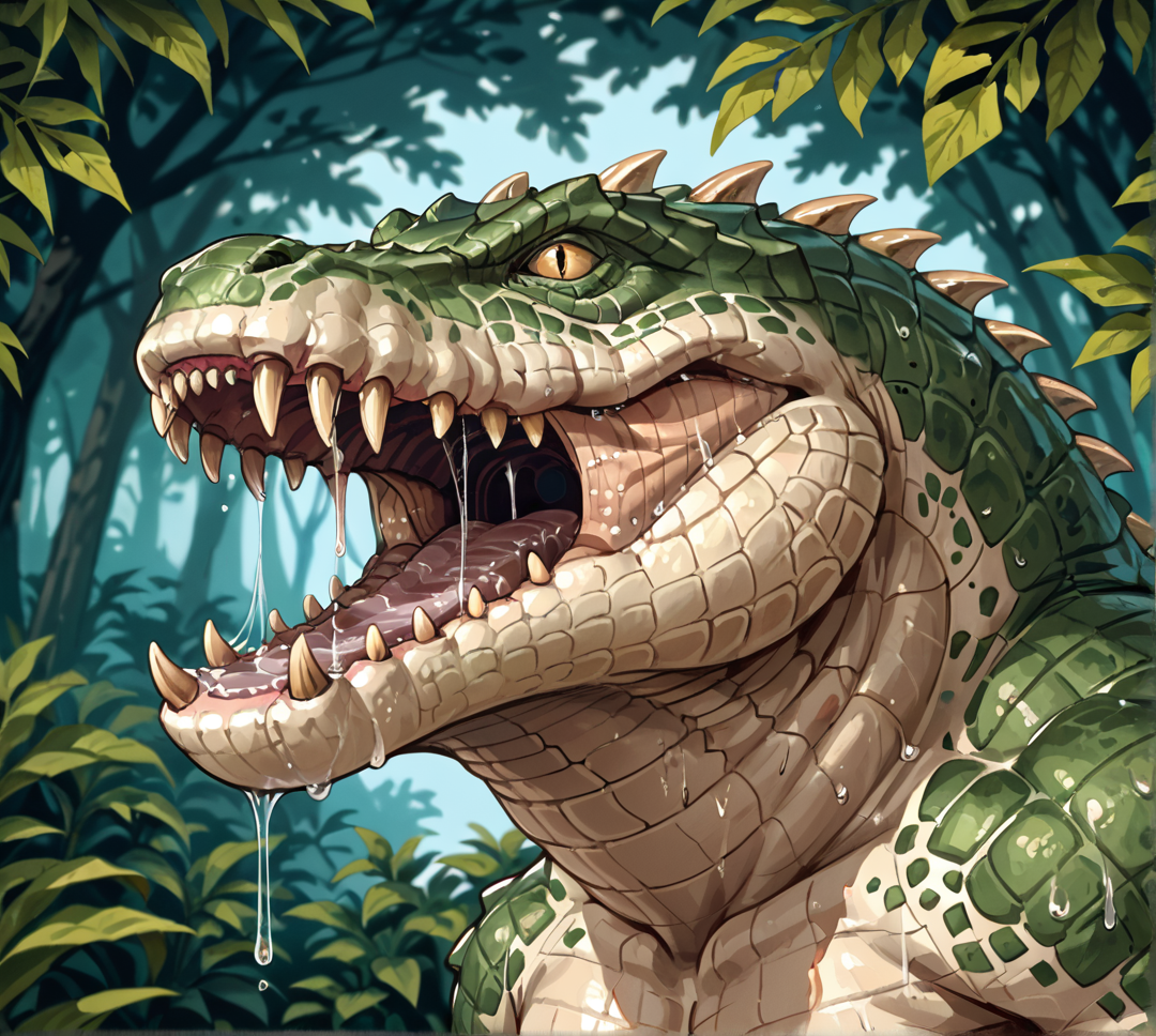 safe_pos, score_9_up,score_8_up,score_7_up,score_6_up,score_5_up,score_4_up, masterpiece, high quality, digital painting, source_monster, zPDXL3, BREAK, 
portrait, close up, profile, side view, open mouth, roar, drool, saliva, spittle, saliva strand, forest background, blurry background,
Crocodilian, crocodylid, crocodile, werecroc, (monster), (creature), lizardman, lizardmen, reptile, scales, plated scales, spikes, back spikes, sharp teeth, muscular, 
<lora:Croc for PonyXL_v2:0.75>