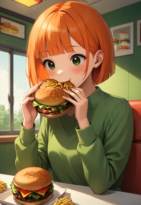 masterpiece,best quality, highly detailed, score_9, score_8_up, score_7_up, score_6_up,<lora:xl_more_art-full_v1:0.8>,source_anime,
BREAK
<lora:yorumacXL:0.8>yorumac,1girl, burger, food, eating, solo, french fries, blush, orange hair, long sleeves, short hair, bangs, holding food, holding, blunt bangs, green eyes, upper body, sitting
