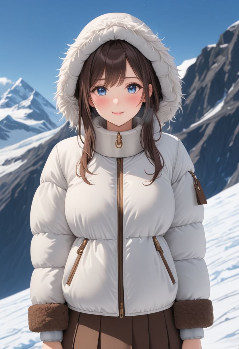 ((((white Oversized shearling down jacket)))), ((((white Oversized shearling puffer jacket)))), ((((white Oversized shearling winter clothes)))), ((((very very cold, in cold)))), ((((semi-realistic)))), ((((puffer hood)))), ((medium knee office skirt, pantyhose, boots)), ((((full body shot)))), ((sharp eyelid, eyeliner, eyelashes, beautiful detailed eyes, tsurime, long messy brown hair, blue eyes, perfect anatomy)), detailed fingers, solo, smile, standing, icefield, ((((masterpiece)))), ((((best quality)))), ((intricate details)), RAW, 8K UHD, (1girl), office lady, detailed face, beautiful face, charming, bonny, (((blush))), (((heavy breathing))), (((feels orgasm))), wind, (Thick padded collar:1.4), (TSH:1.4), (Thick padded cuffs:1.4)