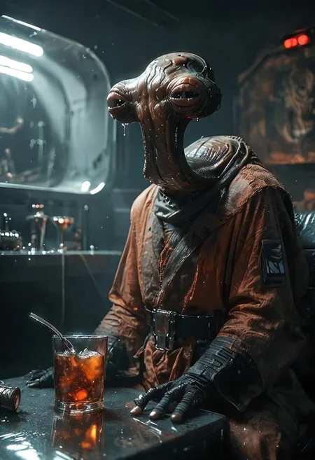 score_9, score_8_up, score_7_up, score_6_up, photo,  ithorian hammerhead alien, orange flightsuit, star wars cantina, sitting, alcohol, solo, skin texture, moist skin, pores, dynamic lighting, detailed shadows, dim light, ExpresHGothicNeonIncase