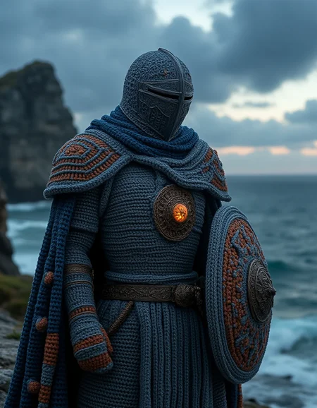 A fearless warrior draped in armor entirely crocheted in the ral-kntarmr style, featuring thick, interwoven patterns with intricate geometric designs. The armor is crafted in rich hues of midnight blue, silver-gray, and burnt orange, accented with layered crochet pauldrons, a flowing cape, and a detailed crocheted belt adorned with metallic clasps. The warrior wields a crocheted shield and stands on the edge of a towering cliff, overlooking a vast, stormy ocean under a dramatic twilight sky. Lightning streaks through the clouds, casting a mystical glow on the crochet-crafted armor and setting a tone of strength and resilience
<lora:ral-kntarmr-flux-000007:1>