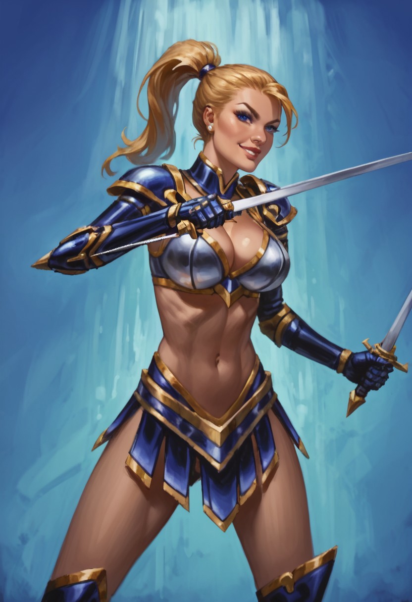 (score_9_up, score_8_up, score_7_up, score_6_up, scorr_5_up),, (high quality), (high resolution), ultra-highres, ultra-detailed, dark lighting,, beautiful eyes, perfect lips, Taria_Mace, blonde hair, ponytail, blue eyes, bikini armor, dark-blue armor, thighhigh boots, greaves, shoulder armor, pauldron, armored arms, gauntlets, gold trim, two swords, standing, looking at view, evil smirk, large breasts, wide hips, slim waist, sexy BREAK, colorful background,