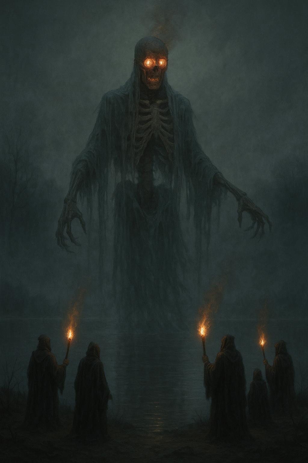 A towering, skeletal figure draped in tattered, translucent robes, its head a hollow, glowing skull with burning eyes, rises from the center of a desolate, mist-shrouded lake, while a group of hooded figures stand on the shore, their torches flickering weakly in the dense fog, casting eerie shadows across the water