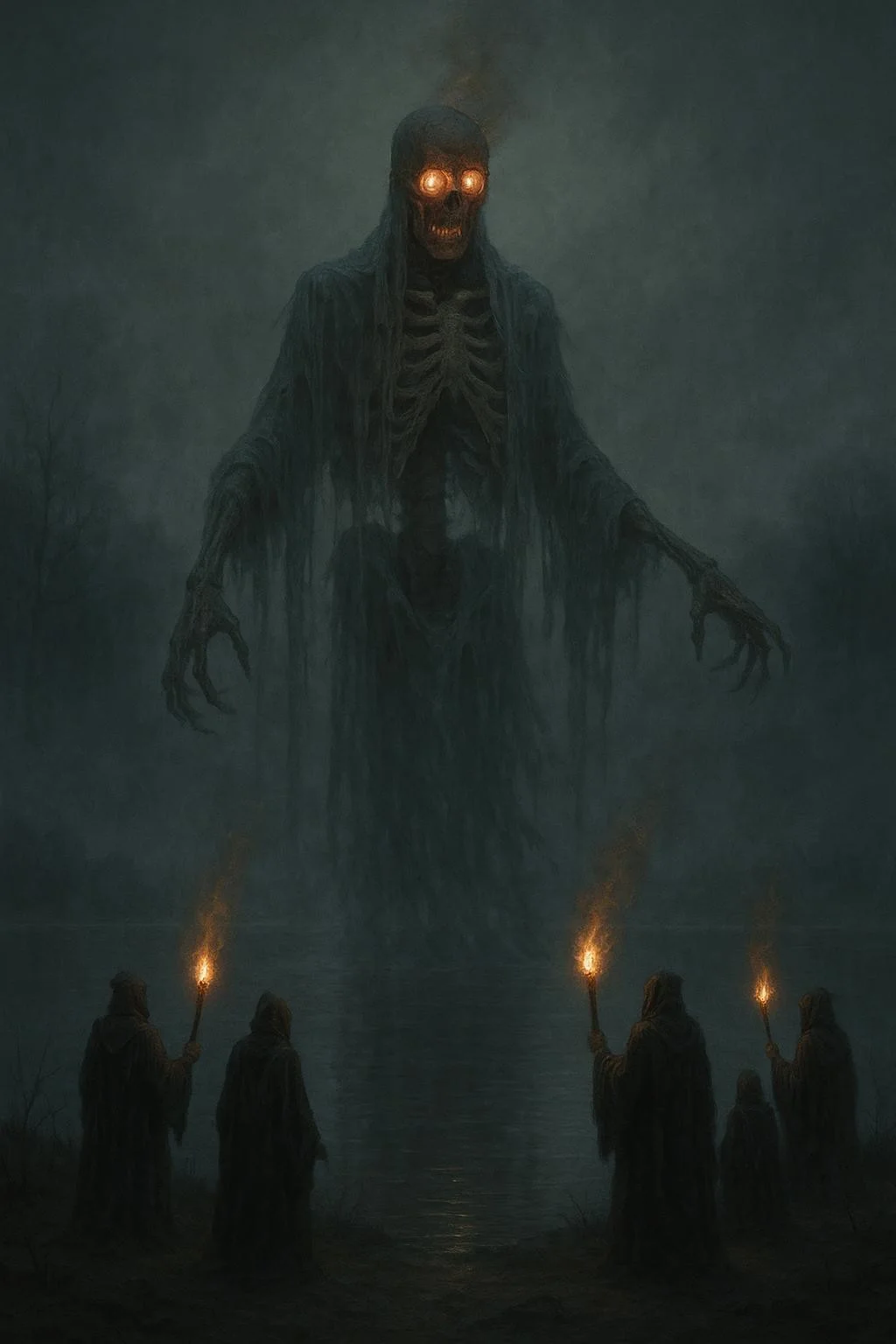A towering, skeletal figure draped in tattered, translucent robes, its head a hollow, glowing skull with burning eyes, rises from the center of a desolate, mist-shrouded lake, while a group of hooded figures stand on the shore, their torches flickering weakly in the dense fog, casting eerie shadows across the water