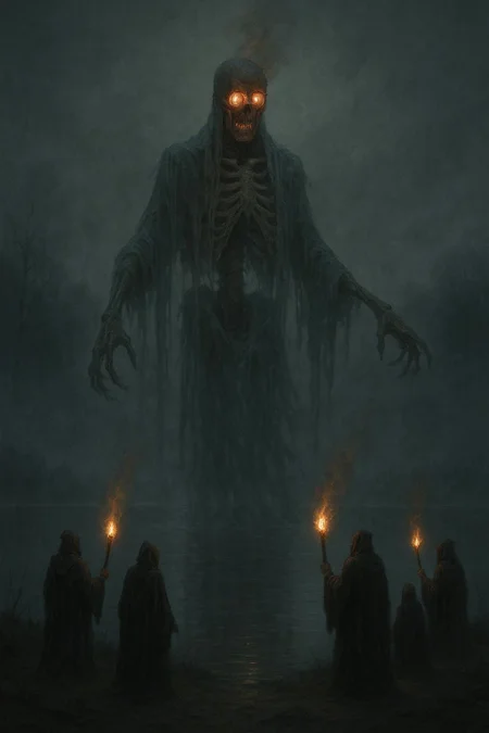 A towering, skeletal figure draped in tattered, translucent robes, its head a hollow, glowing skull with burning eyes, rises from the center of a desolate, mist-shrouded lake, while a group of hooded figures stand on the shore, their torches flickering weakly in the dense fog, casting eerie shadows across the water