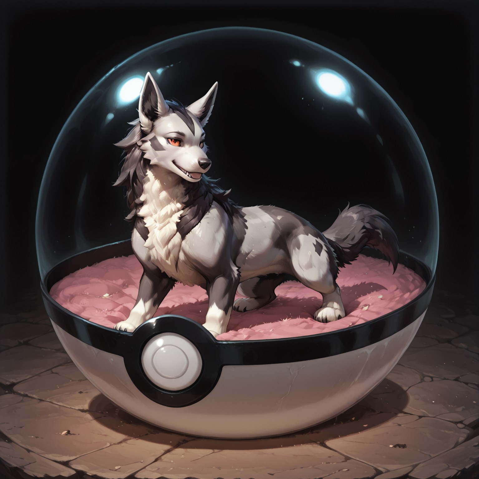 score_9, score_8_up, score_7_up, very aesthetic, by reallynxgirl, Expressiveh, absurdres, suggestive, best quality, solo, feral, mightyena,1ns1d3pok3ballv2, inside pokeball, no humans