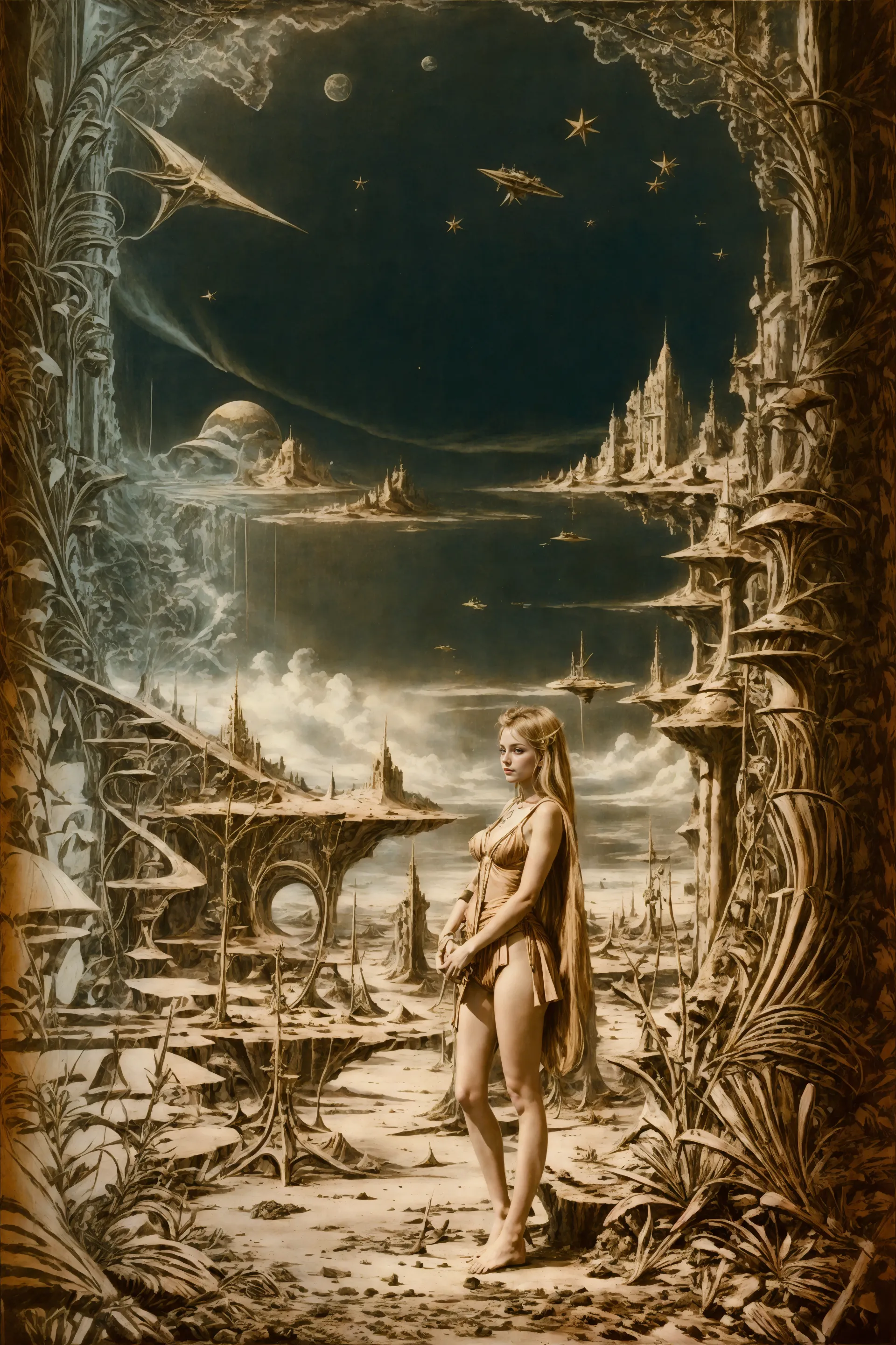 (Romanian woman:1.2), quiff dirty blonde hair, (beach), 8k, photo portrait, photography,  medium long shot, Fujifilm XT-4 Viltrox, (standing:1.2),  starfish necklace, exotic Copper clothes, loincloth, (legs:1.2), (extremely detailed), extremely realistic, breeze, best quality, hdr, natural light, sharp focus, film grain, wet skin, skin pores, freckles, textured skin, (pretty, beautiful, lovely, adorable, (smiling), (happy), feminine, cute, sexy:0.8), (romantic, in love:0.5), bright sunny sky, reflections, shadows, <lora:Detail Tweaker LoRA add_detail:0.8><lora:depth_of_field_slider_v1:5>   <lora:MeliesVDL:1> MeliesVDL <lora:1970RetroFuturism:0.5> 1970retrofuturism