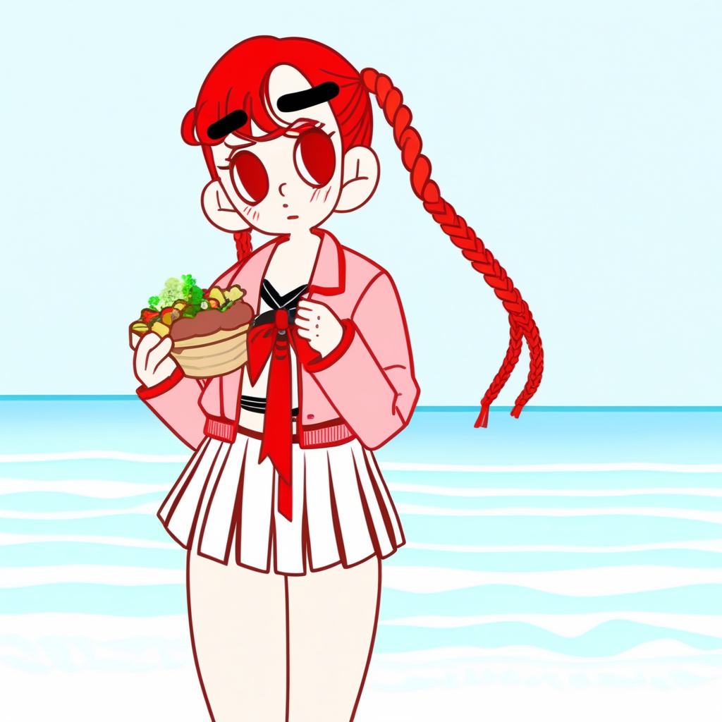 ponytail, ahoge, twin braids, bikini, beach, red skirt, food, full body, short hair, 1girl, skirt, jacket