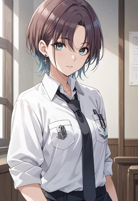 score_9, score_8_up, score_7_up, source_anime,asakura toru, short hair, brown hair, blue hair, blue eyes, 1girl, solo, necktie, shirt, black necktie, white shirt, upper body, breast pocket, looking at viewer, jewelry, pocket, earrings