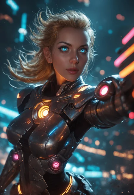 A highly detailed, realistic photo of an incredibly beautiful Caucasian woman standing boldly in a futuristic, cyberpunk cityscape. She has long, wavy golden hair that flows dramatically behind her, and her deep blue eyes gleam with determination and strength. Her fair skin is smooth and luminous, with a natural, healthy glow. She is dressed in a sleek, form-fitting cybernetic armor that accentuates her extremely voluptuous bustline and well-toned, athletic physique. The armor is adorned with glowing neon accents, highlighting her hourglass figure and powerful stance. She holds a futuristic, high-tech energy rifle, ready for action. Behind her, the city is a blend of towering neon-lit skyscrapers and ancient, mystical ruins, creating a unique fusion of cyberpunk and fantasy elements. The sky is filled with holographic advertisements and flying drones, while the air is thick with the scent of ozone and magic. The woman's expression is fierce and focused, as if she is prepared to face any challenge that comes her way
((standing, upper body shot, pose variation:1.5, alternate pose:1.5))
 (8k uhd:1,4)
 <lora:Dynamic Poses:1>
 <lora:detailed_notrigger:1>