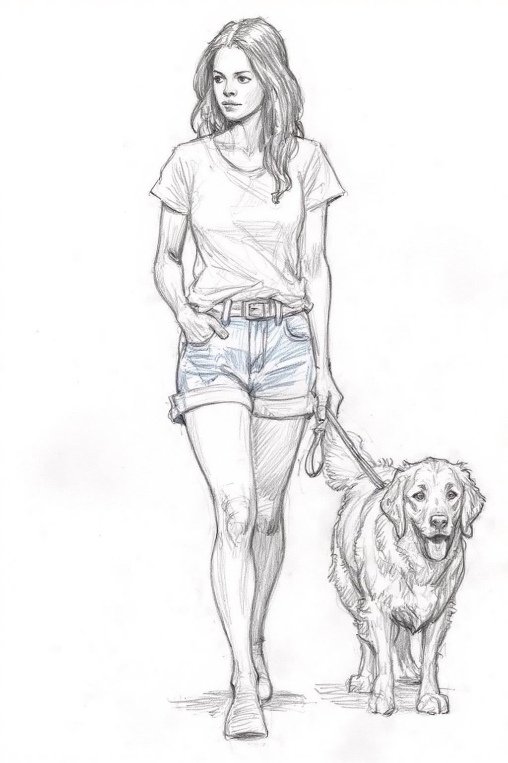 Pencil sketch.
A girl, wearing a white short-sleeved shirt and short blue jean shorts, walking a golden retriever, one hand in her pocket, the other holding the dog leash. <lora:iainmccaig1_cap_d8a4e12:1.0><lora:864354289470955689:0>