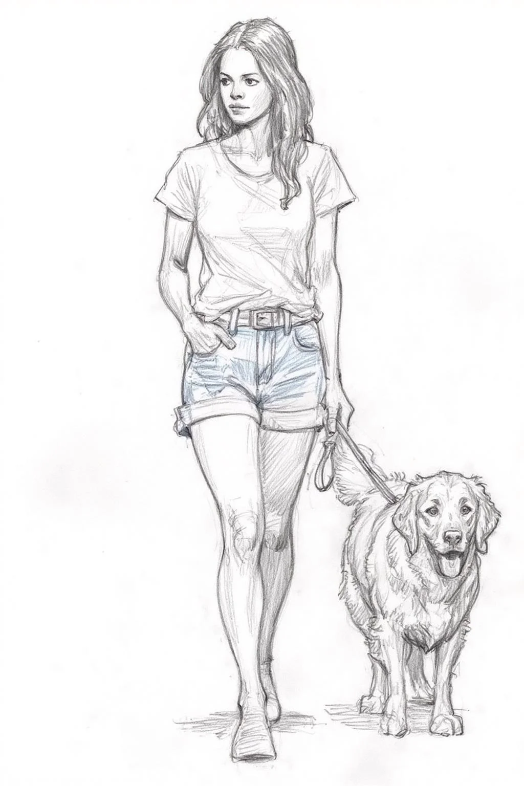Pencil sketch.
A girl, wearing a white short-sleeved shirt and short blue jean shorts, walking a golden retriever, one hand in her pocket, the other holding the dog leash. <lora:iainmccaig1_cap_d8a4e12:1.0><lora:864354289470955689:0>