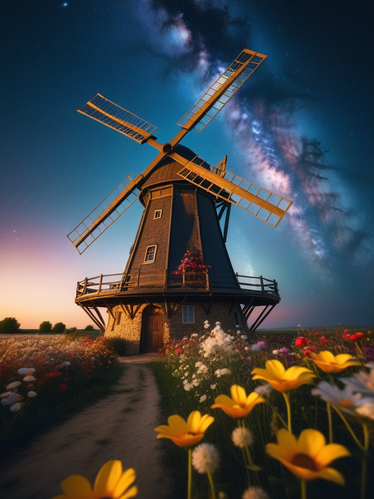 <lora:08SurealismArt_Hap_XL:1>,  frida kahlo style,   action,old windmill,wind,flowers,(side shot:1.3),bottom view,on the ground,evening,particles,rotation,galaxies in the sky,ral-dryflwrs,8k,F2.8,RAW Photo,ultra detailed,