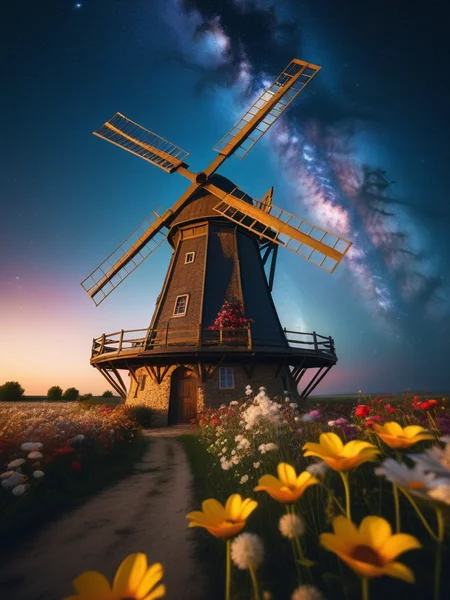 <lora:08SurealismArt_Hap_XL:1>, frida kahlo style, action,old windmill,wind,flowers,(side shot:1.3),bottom view,on the ground,evening,particles,rotation,galaxies in the sky,ral-dryflwrs,8k,F2.8,RAW Photo,ultra detailed,
