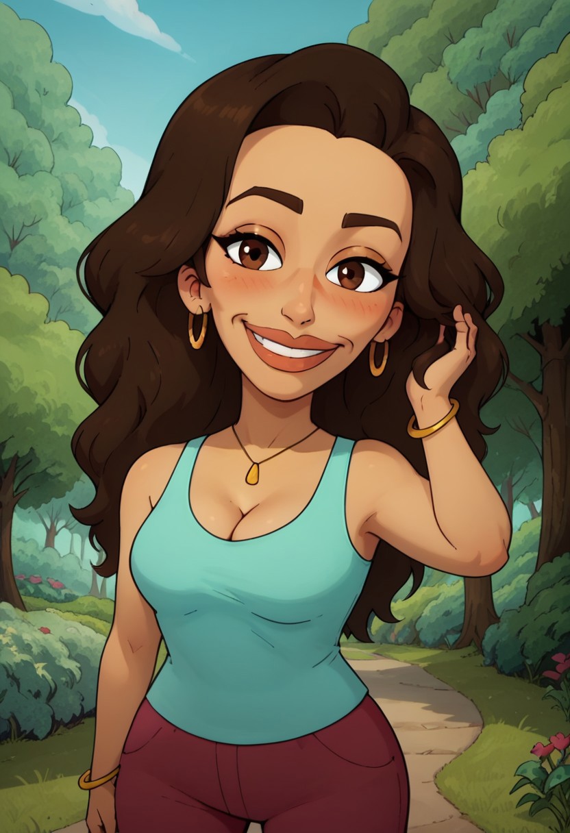 score_9,score_8_up,score_7_up,score_6_up, best quality, 1girl, solo, background is garden, trees, 
BREAK
bmpriya, long hair, brown hair, brown eyes, happy, smile, looking at viewer, blue tanktop, red pants, hoop earrings, necklace, bracelet, (cleavage), one hand on hair, one hand on hip, wide hips, blush