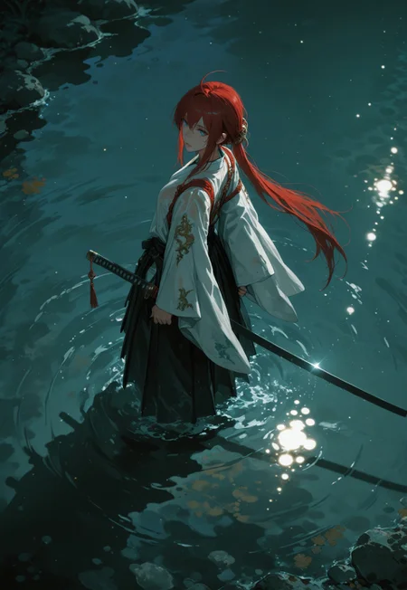 aetrnm2, weapon, sword, solo, long hair, japanese clothes, 1girl, katana, holding weapon, holding, water, standing, hakama, holding sword, blue eyes, red hair, sheath, kimono, wading, night, long sleeves, ahoge, from above, kodachrome, masterpiece, best quality, highest quality, aesthetics, newest, 4k