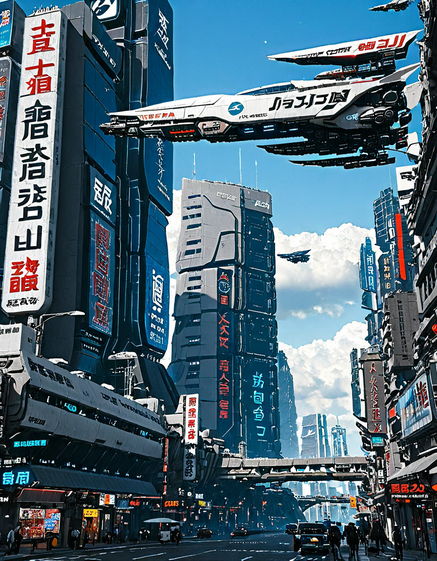 <lora:City_Worlds_01_Effects_xlc:1> photo, citybkg, cyberpunk, ambiance, day, clouds, spaceship, very detailed, design buildings, mega structures, futuristic, side view, high buildings, illuminated, city lights, spaceship closeup, billboards on buildings, street, signs, shops, illuminated, kanji, bridges, realistic photo,