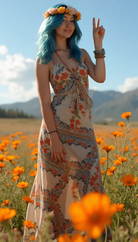 Generate an anime inspired image of a modern hippie girl.

She has long, flowing denim blue hair with a flower crown. 

She wears a flowing maxi dress with spellbinding colors and captivating patterns. 
 She is wearing beaded wristbands. 

She stands in an open field of flowers with two fingers up in a peace sign

She has realistic skin that is not flawless. She has Sad gold eyes. She has a fleshy nose. She has a rounded chin. She has a chubby Side Set breasts. She has natural unshaven body hair.  She has not recently showered, her skin may be a little bit dirty. She wears little make-up except for her lip gloss.  She has painted toenails
