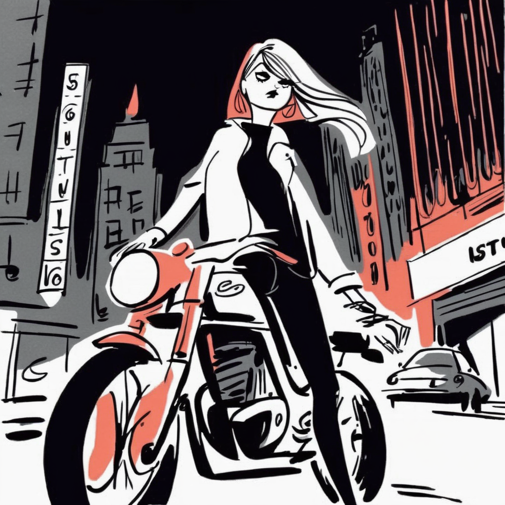 drawix23  girl on a motorcycle rides a city street at night, neon lights and street lights,  very detailed<lora:drawix23:1>
