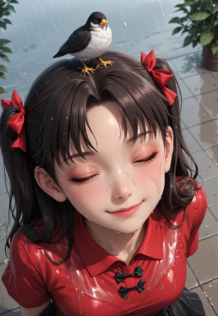 Masterpiece,best quality,highresolution,very aesthetic,((anime style)),detailed eyes,

1 female,Jedrnto, brown hair,black hair ribbons, red shirt, black skirt, black stockings,
bird's eye view,focus face,((head back)),looking upwards at the sky,
standing,(((eyes closed))),wet face,wet clothes,heavy rain,smile,closed mouth,at peace,((arms at sides)),