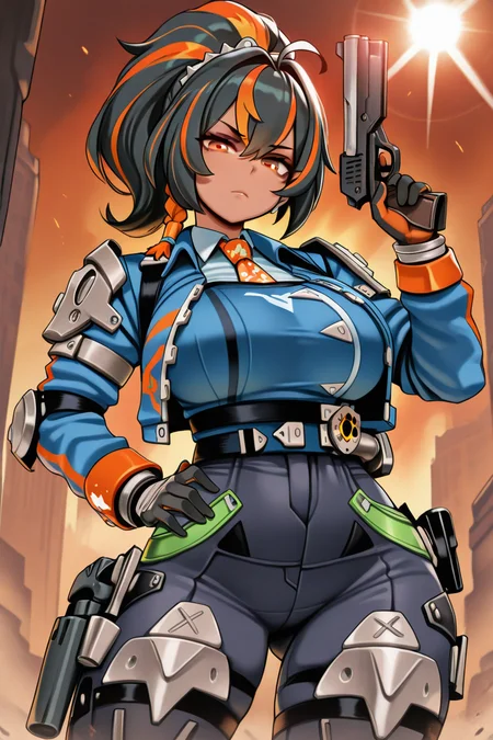 masterpiece, best quality, amazing quality,
 <lora:Flare_IL:1> flare, 1girl, solo, breasts, weapon, black hair, streaked hair, gun, gloves, necktie, jacket, multicolored hair, large breasts, hand on hip, handgun, ponytail, holding, looking at viewer, orange hair, blue jacket, holding weapon, orange eyes, pants, zhu yuan