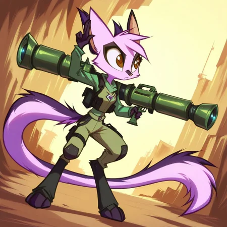 Dreamkeepers,1girl,Prelude_Vi,solo,furry,tail,source_furry,hazel eyes,
holding Rocket Launcher, with a rocket shaped as a FIST with the one finger salute, nick named "Panzerfaust-fick-dich
