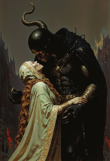 ((highly detailed oil painting:1.3) (inspired by ((John Singer Sargent:1.3) (dramatic realism:1.3)) and ((Zdzisław Beksinski:1.3) (surreal horror:1.3)))) This is a digital painting in a dark, fantasy art style. A woman with fair skin and long, reddish-brown hair wears a light green hooded cloak with golden embroidery. Her fearful yet resigned gaze meets a towering demonic figure. His deep black skin, glowing red eyes, and spiraling horns create an ominous presence. He wears a dark, ornate cloak with red highlights. His elongated left hand cradles her head, while his right is raised in a tense gesture. Their lips meet in a haunting kiss, blending fear and fascination. The dramatic lighting casts deep shadows, enhancing textures—his obsidian skin, her cloak’s soft folds, and the metallic embroidery catching dim light. The muted, greyish background swirls with ghostly forms, reinforcing the surreal horror and romantic intensity.