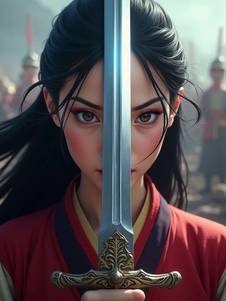 Composition: Heroic Image of Mulan
Overall Composition:

Central Composition: A sword stands vertically in the center of the image, gleaming with a cold light, symbolizing strength and courage. The reflection on the sword clearly shows Mulan's face, showcasing her determination and fearless spirit.

Background: The background is intentionally blurred, depicting a chaotic battlefield filled with indistinct figures and smoke, enhancing the focus on Mulan and creating a sense of urgency.

Character Details:

Mulan's Appearance: Mulan embodies Eastern beauty, reminiscent of Liu Yifei. Her face is cold and fierce, reflecting the intensity of battle. She has a few visible scars that tell stories of her struggles, adding depth to her character.

Facial Expression: Her features are full and striking, with a serious expression that conveys both strength and resolve. Her eyebrows are slightly furrowed, and her eyes are bright and piercing, radiating a fierce determination.

Costume Details: She wears traditional battle attire, intricately designed, with deep red and gold hues that symbolize power and honor. The fabric flows around her, emphasizing her warrior spirit.

Sword Details:

Sword Design: The sword features intricate patterns that reflect her cultural heritage and fighting spirit. The blade points slightly upward, emanating a fierce light, as if calling forth courage and resolve.

Reflection Effect: The reflection on the sword captures her intense gaze and determined expression, emphasizing her commitment to her mission.

Lighting Effects:

Light Source: A dramatic light source focuses on the sword and Mulan's face, creating a strong contrast that highlights her features and the sword's gleam. The background remains darker and more chaotic, enhancing the focus on her.

Shadow Effects: Mulan's figure casts a soft shadow on the sword's reflection, creating a mysterious yet powerful atmosphere.

Overall Mood:
This image captures Mulan as a fierce and beautiful warrior, embodying Eastern aesthetics with a realistic style akin to a movie poster. The contrast between her cold, determined expression and the chaotic battlefield serves to highlight her strength and resolve, making her a striking figure of heroism in a tumultuous era.
