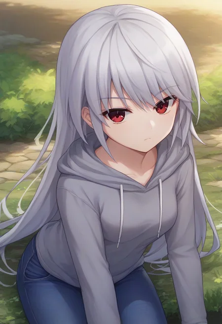 score_9, score_7_up, 1girl, solo,    kzk, silver hair, long hair, red eyes, hoodie, jeans, looking at viewer, outdoors,      <lora:Kazuki FF 5-000008:1>