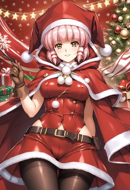 score 9, score 8 up, score 7 up, rating questionable, detailed background,  diana silverneil, gloves, hat,  red coatsanta, medium breasts, wide hips, pink hair, brown eyes, thighband pantyhose, pantyhose, hood, christmas, brown gloves, pom pom clothes, hair tubes, fur trim, black pantyhose, red leotard, red dress