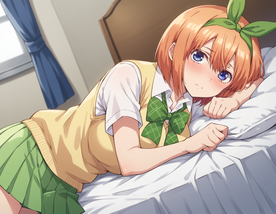 score_9, score_8_up, score_7_up, source_anime,
yotsubanakano, <lora:yotsuba-nakano-s1-ponyxl-lora-nochekaiser:1>, 
yotsuba nakano, bangs, short hair, blue eyes, hair between eyes, hair ribbon, hairband, orange hair, green ribbon, mature female,
skirt, shirt, bow, ribbon, school uniform, white shirt, short sleeves, pleated skirt, collared shirt, miniskirt, bowtie, kneehighs, green skirt, green bow, sweater vest, green ribbon, yellow sweater vest,
indoors, bed, bed room, on side, blush, drunk,
looking at viewer, cowboy shot, dutch angle, solo,
