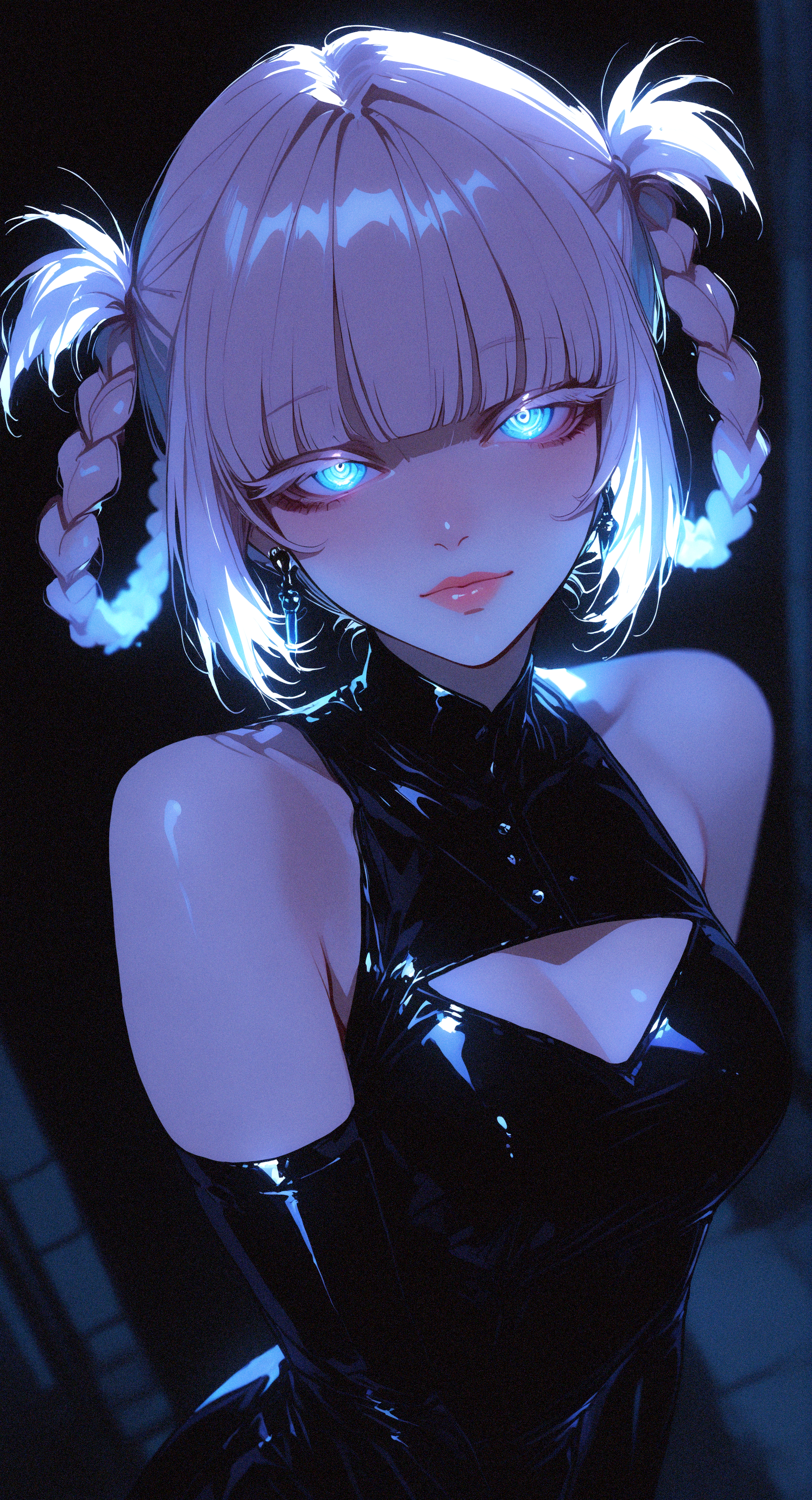 masterpiece, best quality, good quality, very awa, newest, highres, absurdres, 
nanakusa nazuna \(yofukashi no uta\),
1girl, solo, looking at viewer, dress, closed mouth, bare shoulders, medium breasts, upper body, earrings, detached sleeves, sleeveless, elbow gloves, black dress, lips, clothing cutout, sleeveless dress, happy
front view, High Angle,
outdoors, depth of field,blurry, xxx667_illu, (glowing:0.6), melanch0ly, retro anime, 1990s <lora:illustriousXL_stabilizer_v1.23:0.3> <lora:NOOB_vp1_detailer_by_volnovik_v1:0.3> <lora:ponyv6_noobE11_2_adamW-000017:0.3> <lora:XXX667:0.7> <lora:MelancholyAnime:1>