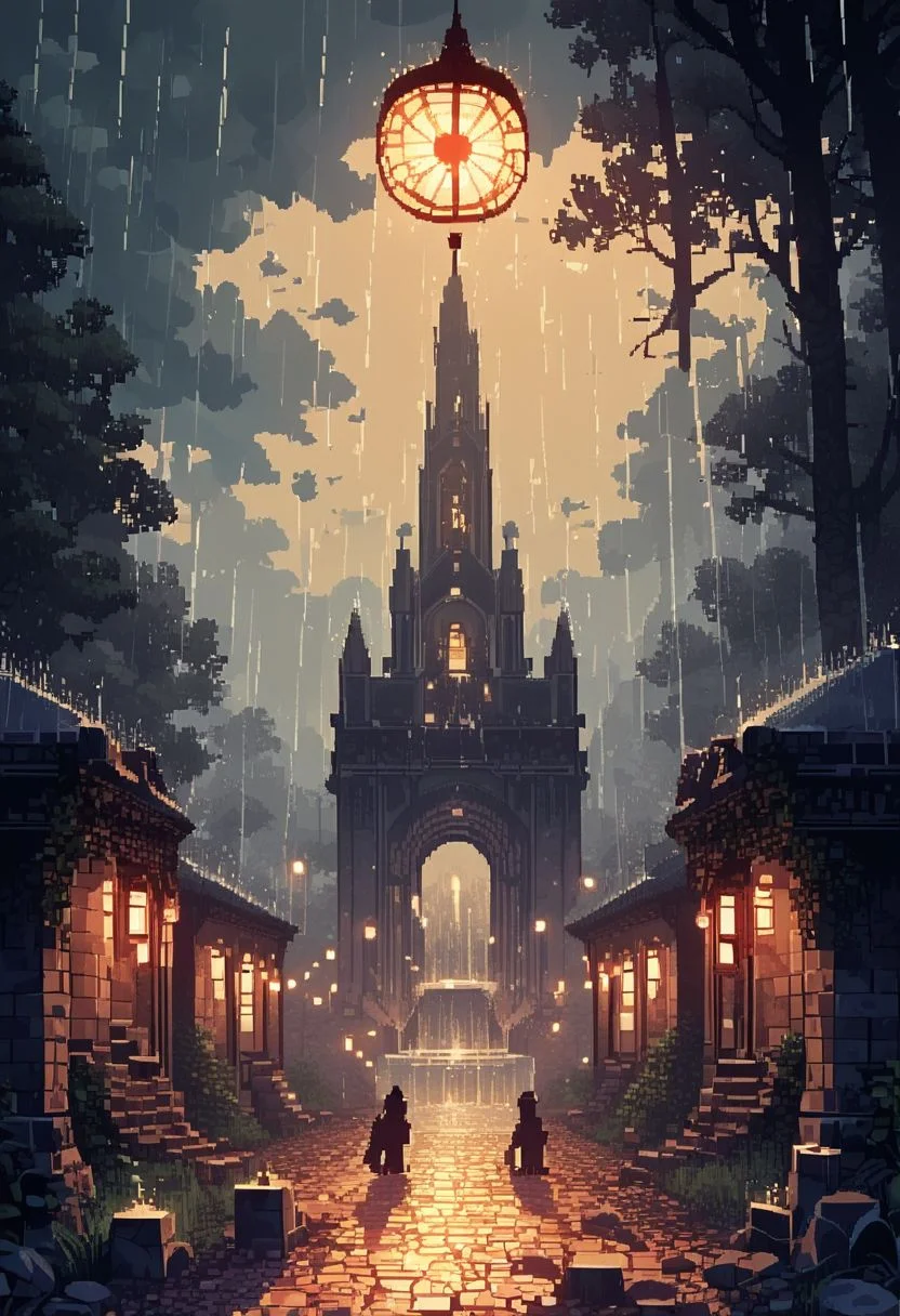 score_9, score_8_up, score_7_up,soft shadows, dark,night,cloudy, rain,storm, heavy rain, heavy-rain BREAK
no humans, mansion, trees, lights inside building, lanterns, beautiful lawn, fountains in front of building, brick walls, wet, wet ground, pixel art, 64bits
<lora:Pony_DetailV2.0:1.0> <lora:Rain (pony) v1:1>