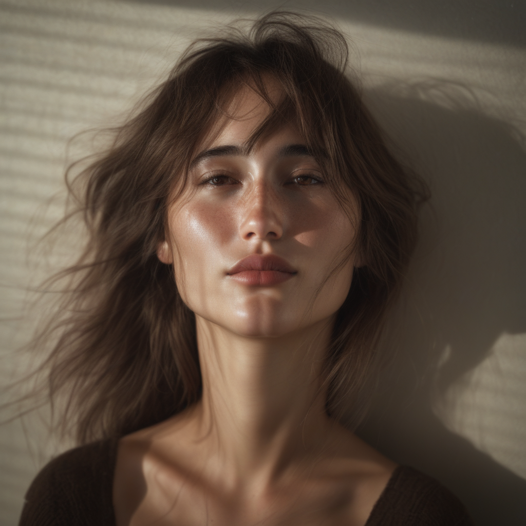 seductive look, fragile beauty, ultra realistic, high clarity, ambient warmth, hyper realistic skin, well-lit face, elegant fragility, cute, portrait photo of a 22 years old beautiful model, brown eyes, with medium short brown hair, professional photography, attractive