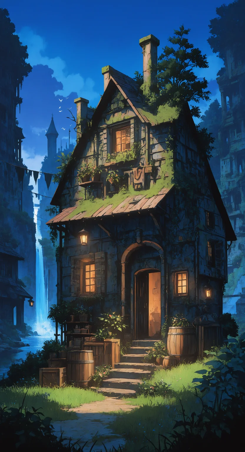masterpiece, best quality, good quality, very awa, very aesthetic, absurdres, newest, flower, outdoors, sky, water, blue sky, tree, no humans, window, bird, animal, grass, plant, building, scenery, nature, lantern, stairs, railing, door, potted plant, bush, vines, house, waterfall, ladder, moss, industrial pipe, barrel, overgrown, crate, chimney, ivy, clothesline, hanging plant, night,
retro_artstyle, retro, <lora:ponyv6_noobV1_2_adamW-000017:0.7> <lora:USNR_STYLE_XL_lokr:0.45> <lora:EtherSDXL:0.15> <lora:retro_scifi_artstyle_illustriousXL-000021:0.6>