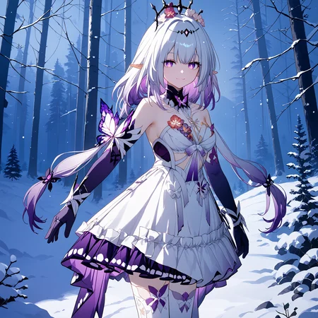 score_9, score_8_up, score_7_up, score_6_up, BREAK source_anime, look at viewer, 1girl, solo, forest, standing, winter, snow, night, smiling, masterpiece, best quality, high detailed skin, castorice_(honkai:_star_rail), purple eyes, white hair, multicolored hair, colored inner hair, low twintails, pointy ears, crown, two-tone dress, layered dress, elbow gloves, white thighhighs,