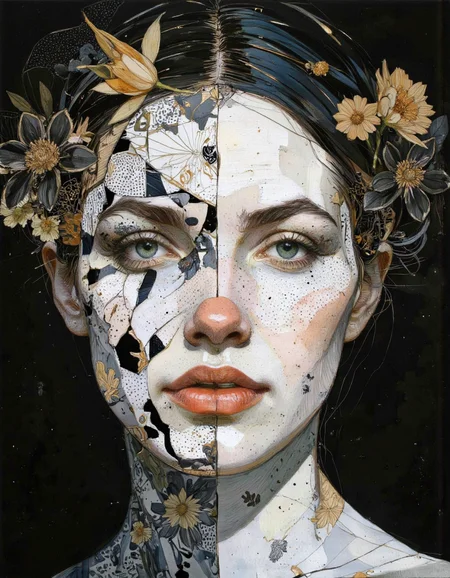 Tony Rodriguez style. This is a highly detailed, realistic drawing of a intense, close-up portrait of a woman's face, rendered as if her skin is made of fractured porcelain, meticulously adorned with symmetrical, surreal floral tattoos that blend organic and geometric forms, creating a dreamlike and hyperrealistic aesthetic. Her striking blue eyes, framed by meticulously drawn eyebrows, pierce through the fractured surface and the intricate, floral tattoo design, holding a captivating mix of vulnerability and resilience, reflecting the strange beauty of the surreal world. Her full, slightly parted lips, painted a deep, glossy red, add a touch of warmth and humanity to the fragmented, floral visage.
The surreal floral tattoos themselves are the focal point, composed of stylized flowers, fragmented petals, and geometric patterns that morph and intertwine, creating a mesmerizing and otherworldly visual tapestry across her face. They are rendered in a stark palette of black and gold, with the gold accents highlighting the intricate details and surreal nature of the floral designs. The overall effect is both hauntingly beautiful and deeply unsettling, a testament to the artist's ability to evoke complex emotions through the juxtaposition of fragility, intricate floral designs, surrealism, hyperrealism, black and gold accents, and the human form. The subtle lighting casts soft shadows and highlights that enhance the texture and depth of the fractured porcelain and the surreal floral tattoos, while the dark background allows the viewer's focus to remain solely on the woman's captivating, surreally adorned face. <lora:Tony_Rodriguez_7:0.85>