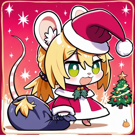 padoru <lora:padoru-IL-1.0:1>, masterpiece, perfect quality, best quality, anime coloring, 1girl, solo, padorumeme, padoru, christmas background, Chloe, 1girl, solo, long hair, blonde hair, animal ears, green eyes, furry female, mouse ears, mouse girl, mouse tail, body fur, white fur, bangs, animal nose, <lora:Chloe_v02_PDXL:1>, score_9, score_8_up, score_7_up, score_6_up, score_5_up, score_4_up,