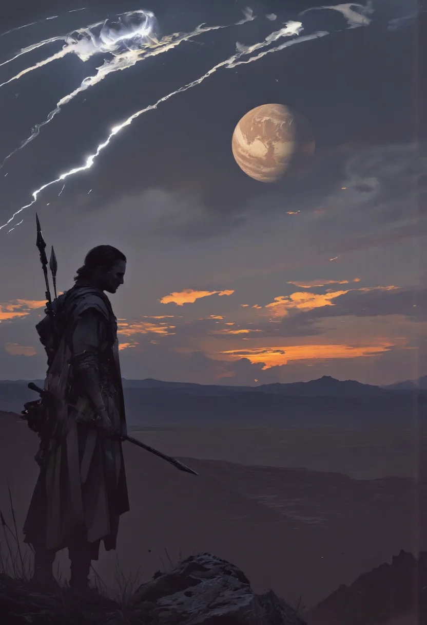 Art by Richard Anderson. A digital illustration shoot from a low angle about a silhouette of a warrior standing in a desolate landscape, holding a spear, with a dramatic sunset in the background. the image also shows a distant planet with streaks of light and a distant horizon. on the middle of the image, a man, who appears to be in his mid-twenties, is standing with his back to the viewer, facing away from the viewer. he is wearing a long, dark robe and has a bow and arrow strapped to his back. the man has a serious expression on his face, and his hair is short and dark. he has a long hair style and is not wearing any pants or shoes. his body is slim and he is standing on a rocky terrain. the sky is dark and cloudy, and the sun is setting in the distance, casting a warm orange glow over the horizon.